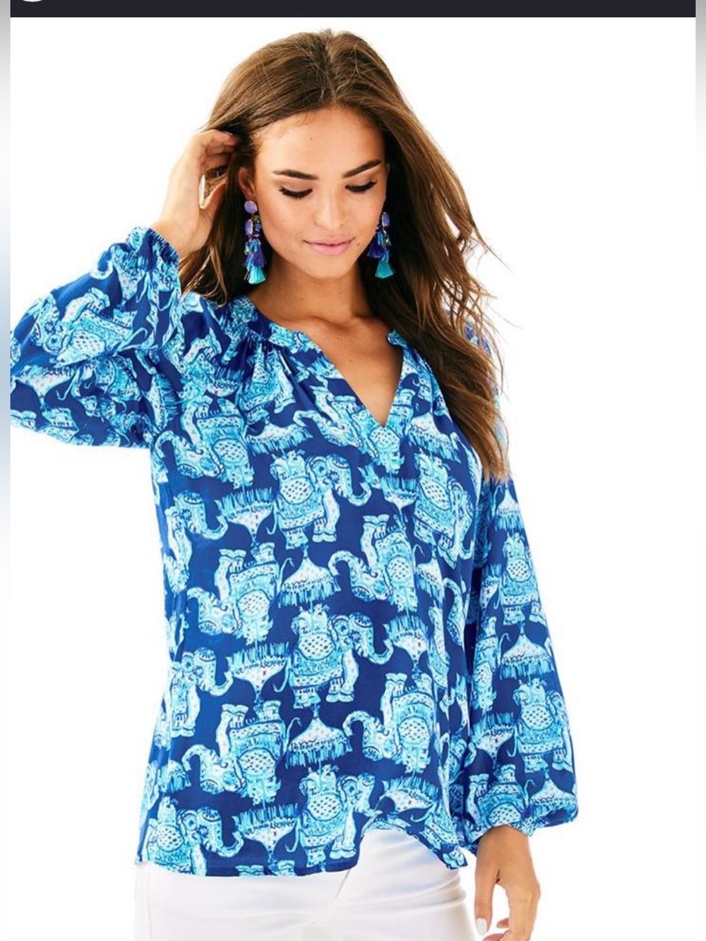 Blue Paisley V-Neck Long-Sleeve Women's Top